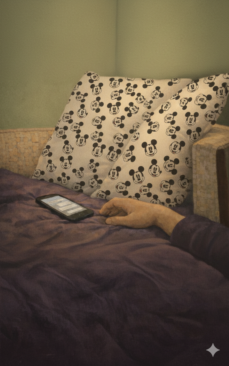 Faris on his knees in a bedroom, face buried in Mickey Mouse pillow sheets. The small familiar thing that broke what the big news couldn't.